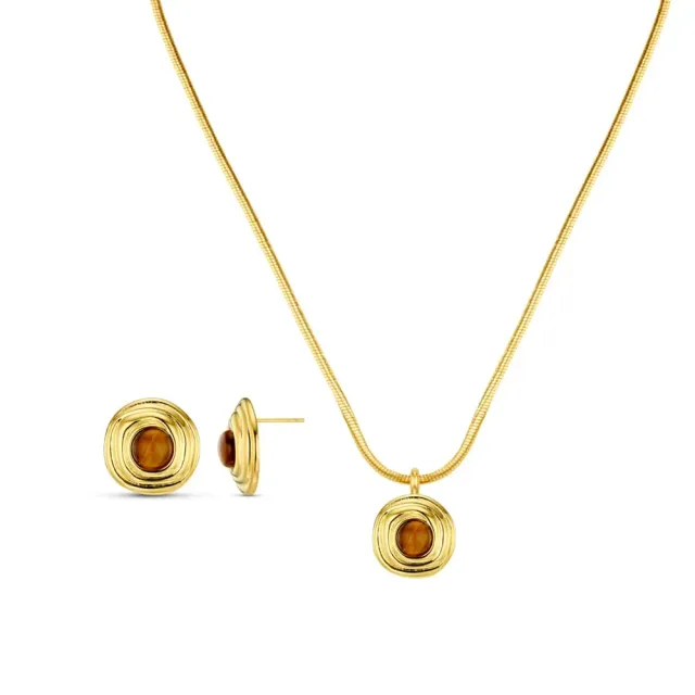 Orelia Tiger's Eye Domed smykkesæt guld halskæde øreringe