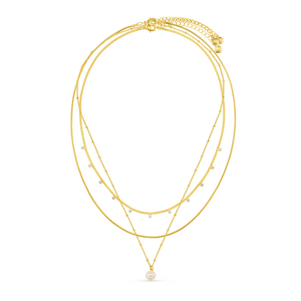 Orelia Pearl & Crystal 3-rækket halskæde guld