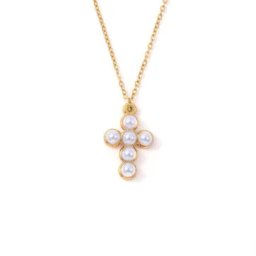 TIMI OF SWEDEN Essie Pearl Cross halskæde guld 35+5 cm