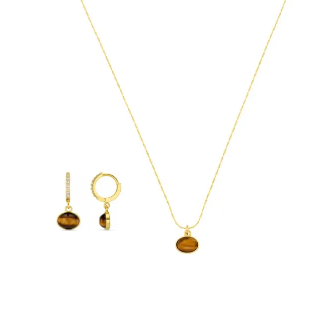Orelia Tiger's Eye smykkesæt guld huggies + halskæde