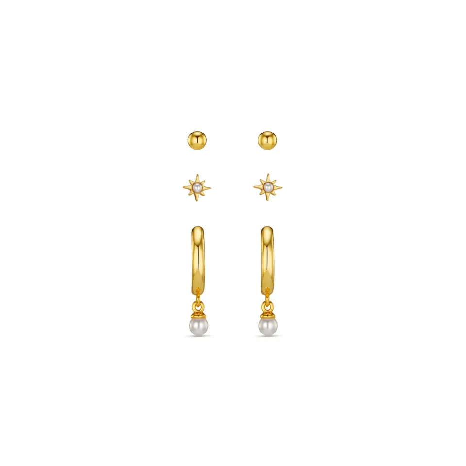 Orelia Pearl Drop Hoop & Starburst Pack øreringesæt guld