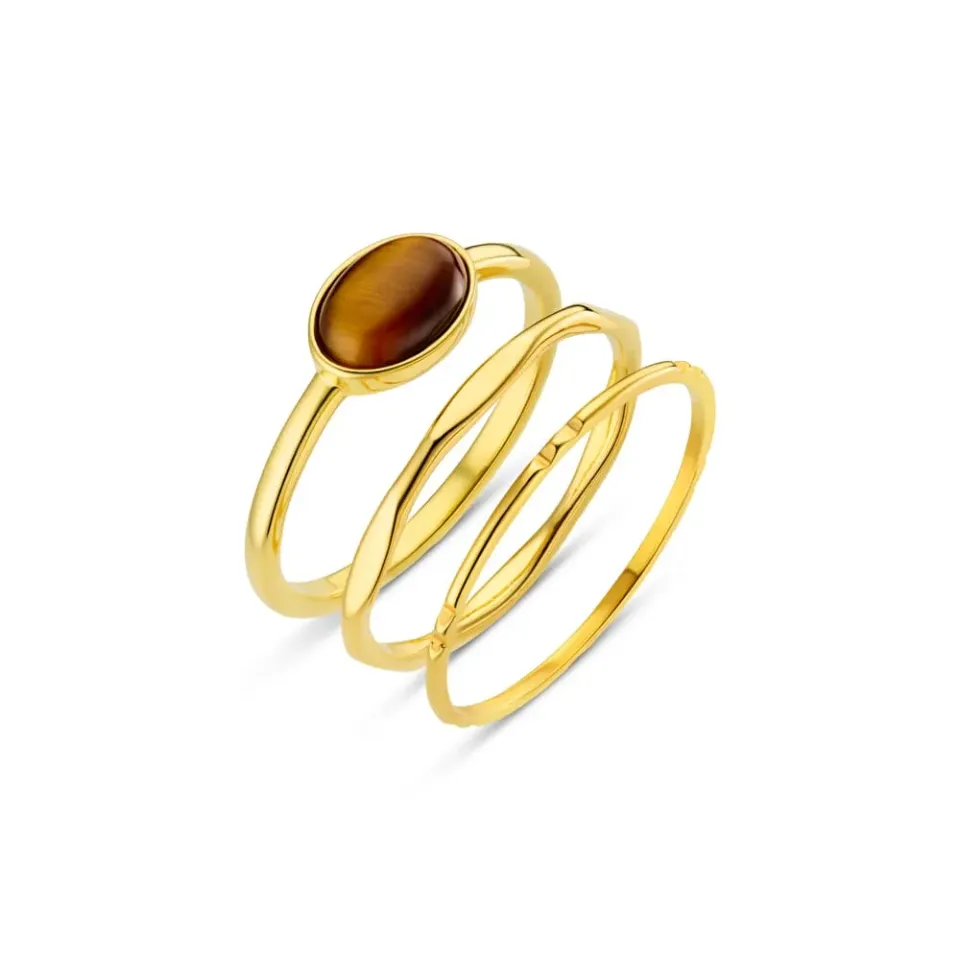 Orelia Tiger's Eye Ring sæt guld 3 stk tigerøje