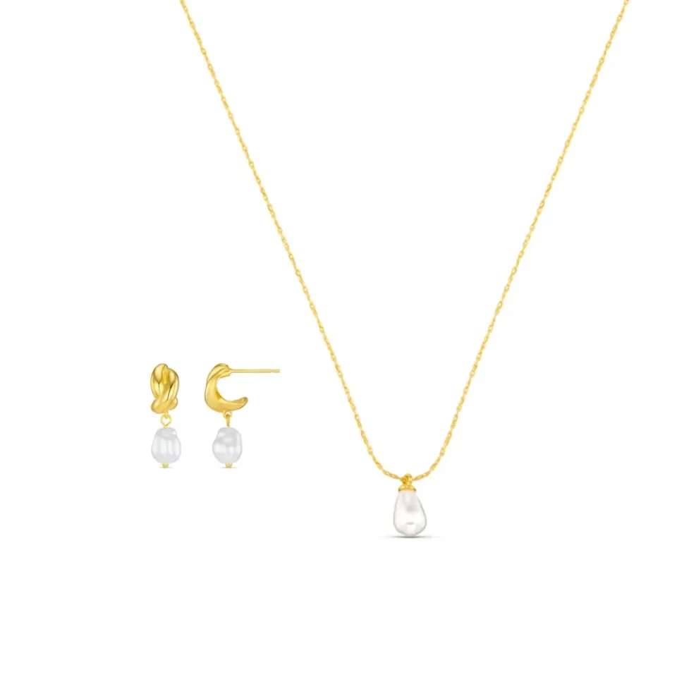 Orelia Pearl Micro Hoop Teardrop smykkesæt guld