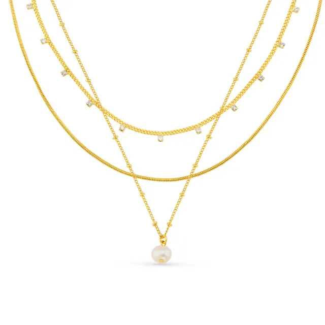 Orelia Pearl & Crystal 3-rækket halskæde guld
