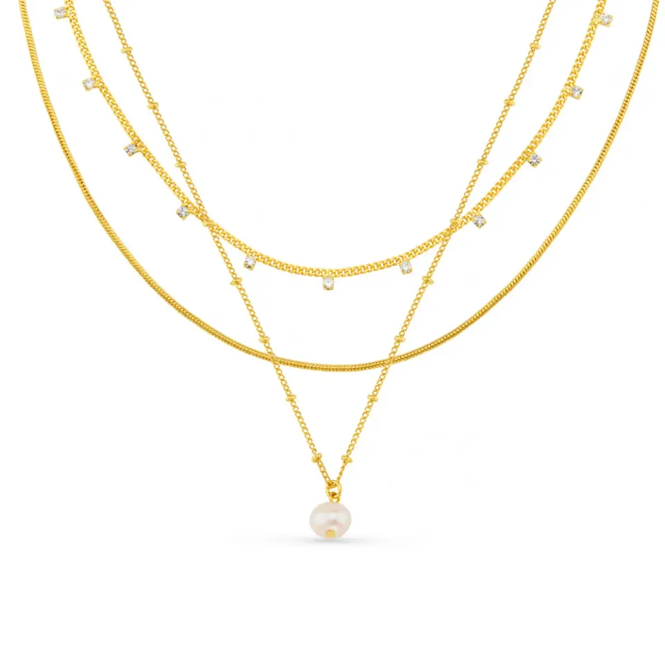 Orelia Pearl & Crystal 3-rækket halskæde guld