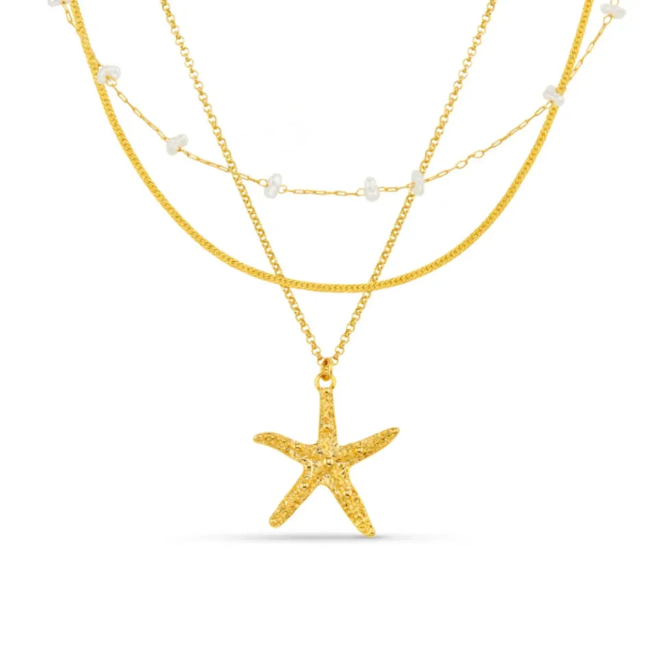 Orelia Starfish Pearl 3-rækket halskæde guld